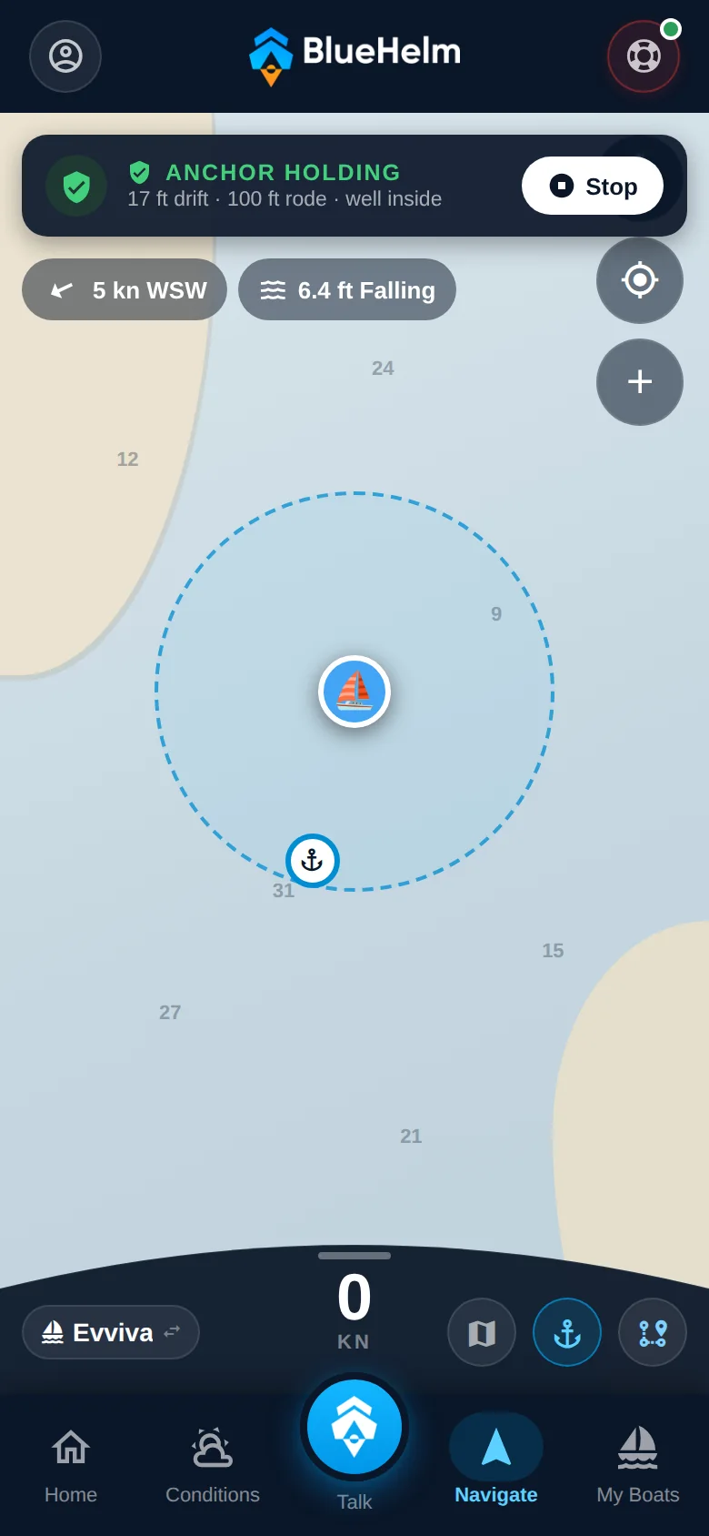 BlueHelm v2 design preview, Anchor Watch: a swing-ring monitor on a nautical chart — anchor point and boat inside a dashed watch circle, with a green Anchor Holding status bar reading 17 ft drift on a 100 ft rode.