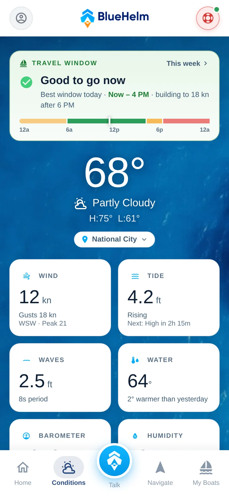 BlueHelm v2 design preview, Conditions: a Travel Window card reading Good to go now with a color-coded hour strip, over current temperature, wind, tide, wave, and water readings.