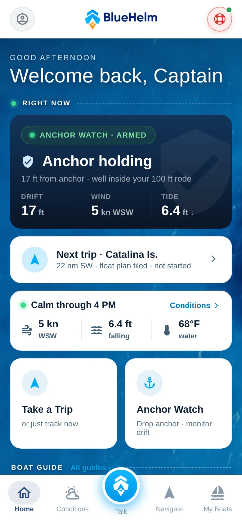 BlueHelm v2 design preview, home screen: Welcome back, Captain over open water, with an Anchor Watch Armed card reading Anchor Holding with drift, wind, and tide, the next trip to Catalina Island, and a calm-through-4-PM conditions summary.