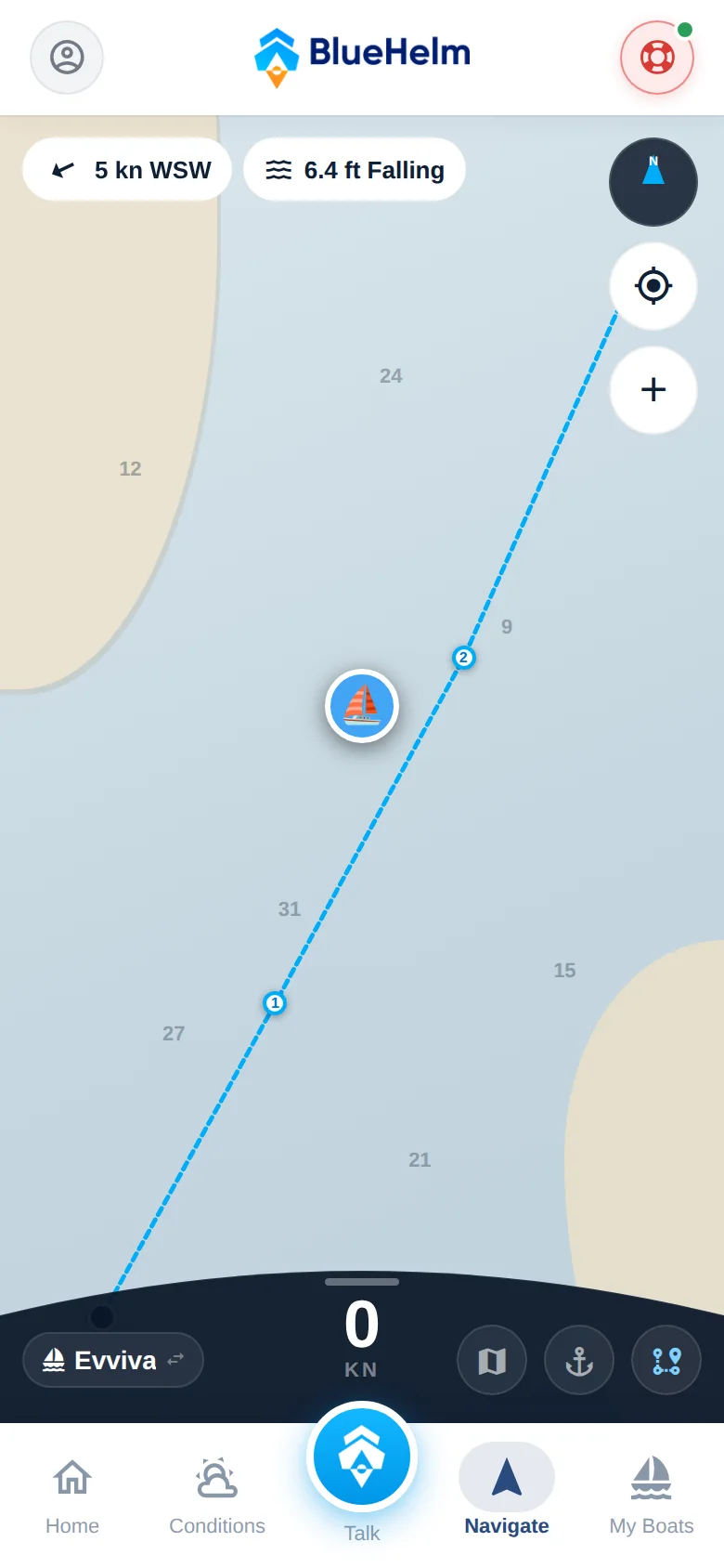 BlueHelm v2 design preview, Navigate: a plotted route with numbered waypoints on a nautical chart, live wind and tide chips, and the helm bar with speed.