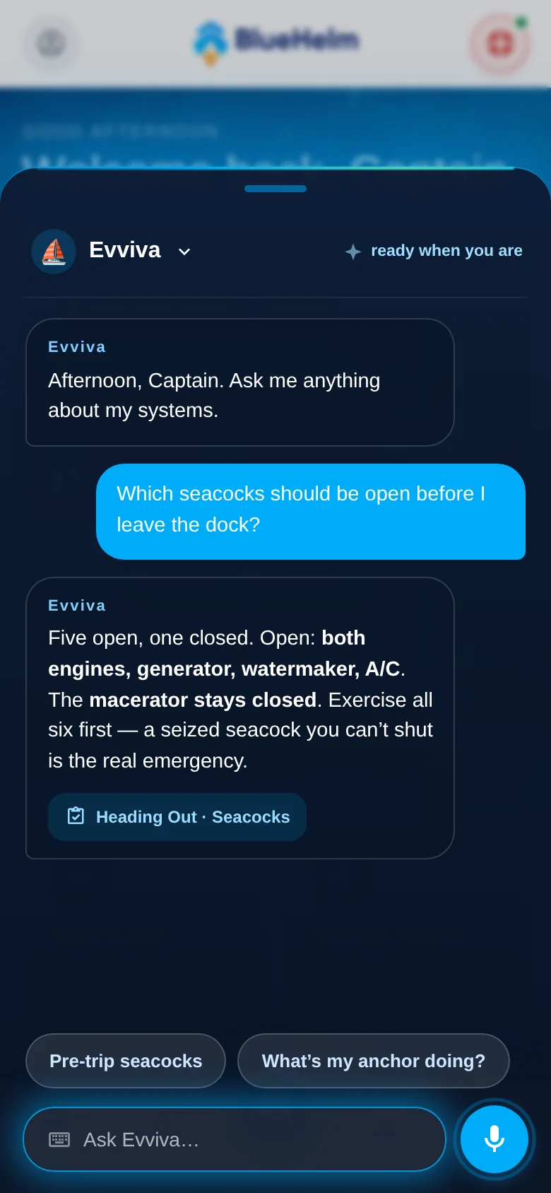 BlueHelm v2 design preview, Talk sheet: a conversation with the boat's onboard AI. Asked which seacocks should be open before leaving the dock, it answers from the vessel's own systems guide.