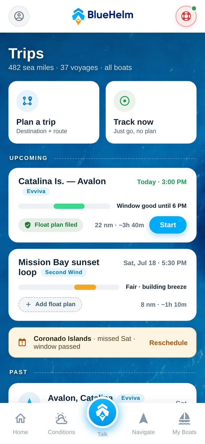 BlueHelm v2 design preview, Trips hub: Plan a trip and Track now doors, an upcoming Catalina trip with float plan filed and a green weather window, and past voyages.